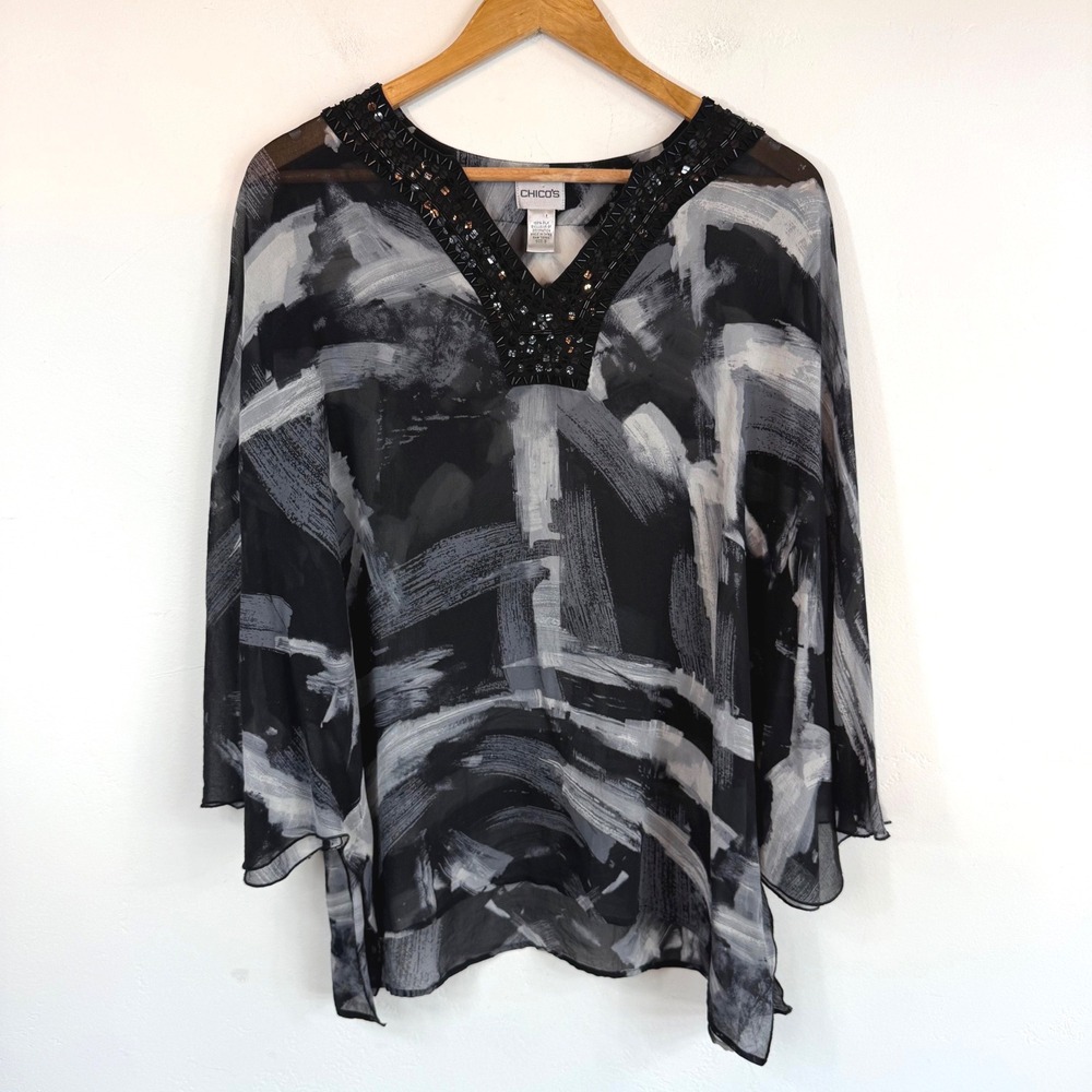 Chico's 100% Silk Beaded Kaftan Top Sz 3 XL Black Abstract Sequin‎ Whimsigoth